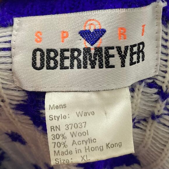NWOT VINTAGE OBERMEYER SPORT Sweater XL Wool Blue White ZigZag Abstract Geometrc - Picture 2 of 4